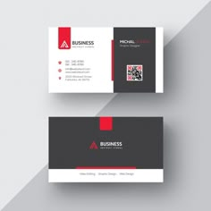 two business cards with red and black accents on the front, one has a square shape