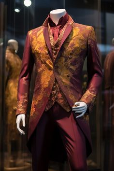 Snapdragon inspired suit Orange Suit Aesthetic, Red And Gold Suit, Fire Outfits, Orange Suit, Ren Fair, Fantasy Design, Royal Wedding