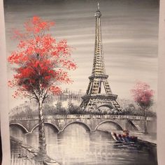 a painting of the eiffel tower in paris, with a boat passing by