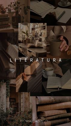 the collage shows books, coffee cups and other items in different pictures with words that read li - terat ura