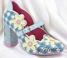 IRREGULAR CHOICE Size 10…….”Daisy Dancer” Gingham Check Floral Heels.  NWB  | eBay High Heeled Mary Janes, Heeled Mary Janes, Blue Mary, Irregular Choice Shoes, Mary Jane High Heels, Blue And White Gingham, Floral Heels, Irregular Choice, Chunky High Heels