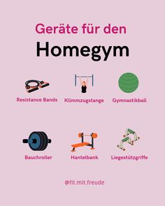 a pink poster with different types of gym equipment and the words, gerate fur den homegym