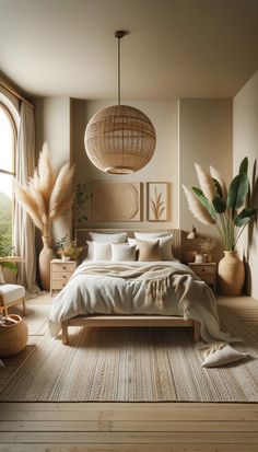 a bedroom with a large bed and lots of plants in the corner, along with two hanging lamps