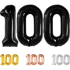 the number 100 balloon is shown in different colors and sizes, including gold, silver, and black