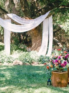 an outdoor ceremony setup with flowers and white draping on the tree stumps