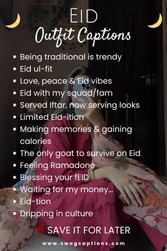 a woman sitting on top of a bed next to a window with the caption saying, eid outfits captions being traditional is trendy