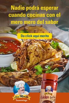 an ad for mexican cuisine with chicken and sauces on the plate, next to it is