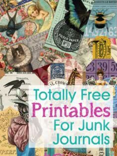 the cover of totally free printables for junk journals, including stamps and postcards