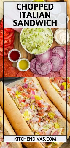 Collage of overhead shot of chopped Italian sandwich ingredients at top and overhead shot of chopped Italian sandwich at bottom. Margherita Pizza Recipe Easy, Chopped Salad Sandwich, Pepperoni Sandwich, Deli Style Sandwiches, Salami Recipes, Salami Sandwich, Pepper Sandwich