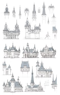 architectural drawings of castle like buildings and towers