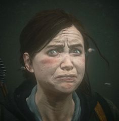 the last of us character is looking into the distance with an angry look on her face