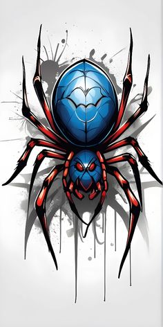 a blue spider with red and black stripes on it's body, sitting in front of a white background