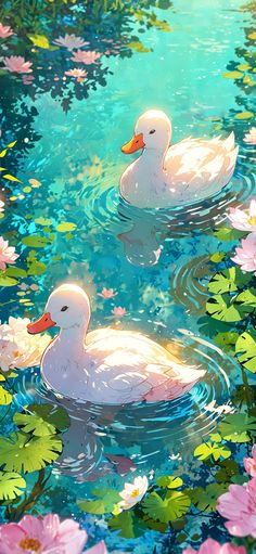 two white ducks floating on top of water surrounded by flowers