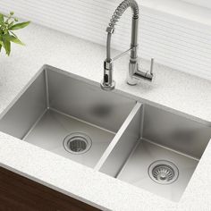 a kitchen sink with two faucets in the middle and a potted plant next to it