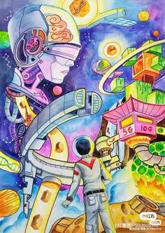 a painting of an astronaut standing in front of a space station with various objects on it