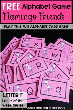 a pile of pink alphabet game cards with the words flamingo friends written on them