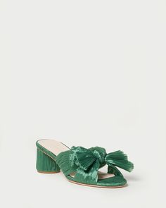 Emilia Sage Pleated Bow Heel I Heeled Sandals I Footwear Unique High Heels, Loeffler Randall Shoes, Shoes Green, Crystal Heels, Bow Heels, Emerald Color, Loeffler Randall, Slingback Heel, French Linen