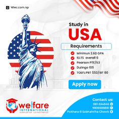 an american flag and the statue of liberty with text that reads, study in usa