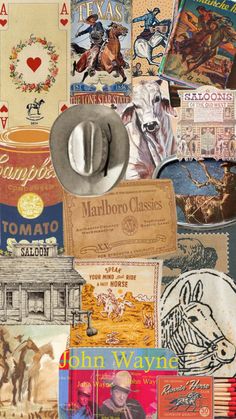 collage of old western related items including cowboy hats, posters and other vintage memorabilia