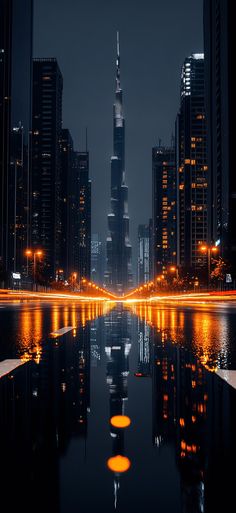 a city skyline at night with lights reflecting in the water and skyscrapers lit up