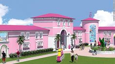 an artist's rendering of a pink building with palm trees and people walking around