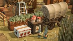 an animated image of a wagon with apples on it and other items in front of it