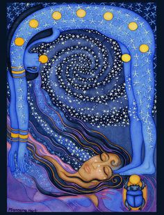 a painting of a woman laying down with her eyes closed and stars in the sky