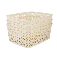 three white plastic baskets sitting on top of each other