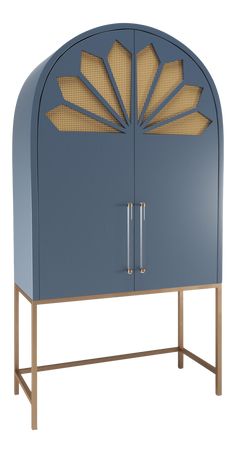 a blue cabinet with two doors and gold accents on the front, against a white background