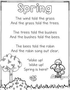 Spring Poems For Kids, Kindergarten Poems, English Poems For Kids, Spring Poem, Spring Lessons, Spring Kindergarten, Kindergarten Songs, Childrens Poems