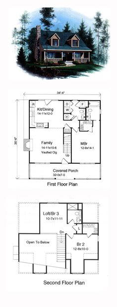 two story house plans with an open floor plan for the first and second floors are shown