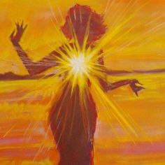 a painting of a person standing in the water with his arms outstretched and sun shining above them