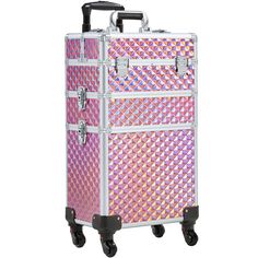 a pink and silver suitcase with wheels on it's side, in front of a white background