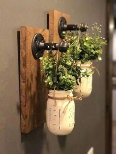 two mason jars with plants hanging from them