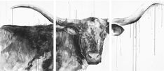 three black and white paintings on a wall with one cow's head in the center