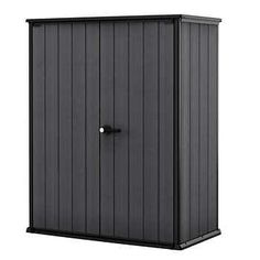 an outdoor storage shed with the door open and handle on it's side, black