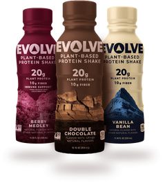 three bottles of protein - based shakers with chocolate, vanilla and strawberry flavores