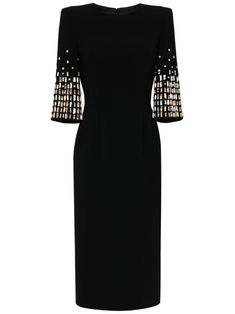 black crystal embellishment round neck concealed rear zip fastening shoulder pads half-length sleeves fitted waistline mid-length straight hem Sari Outfits, Black Midi Dresses, Oscar Fashion, Business Attire Women, Embellished Midi Dress, Formal Occasion Dress, Valentino Red, Cocktail Gowns, Midi Dress Black