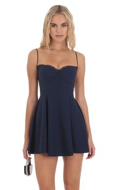 Back Lace A-Line Dress in Navy | LUCY IN THE SKY Cute Short A Line Dresses, Pretty Dark Blue Dresses Short, Formal Navy Blue Dress Short, Dark Blue Hoco Dress Mini, Simple Blue Dresses Short, Dark Blue Small Dress, Dark Blue Mini Dress Hoco, Blue Dress Short Hoco, Pretty Navy Blue Dresses Short