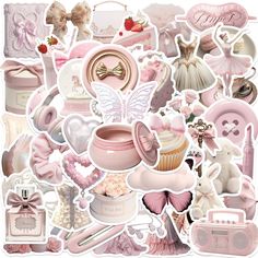 a collection of pink and white stickers with various items in them, such as shoes, hats, purses