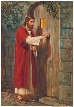 a painting of jesus knocking the door with his hand and looking at something in front of him