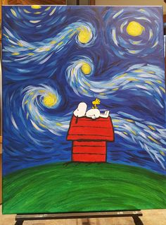 a painting of two dogs sitting on top of a red structure in the middle of a night sky