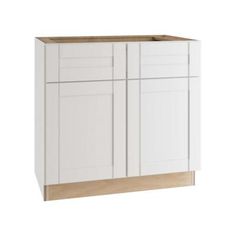 a white cabinet with two doors and drawers