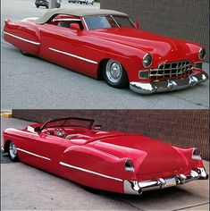 an old red car parked on the side of a road next to another classic car