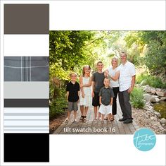 a family is posing for a photo in front of some trees and water with the caption fit swatch book 16