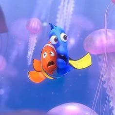 an animated fish is swimming among jellyfish