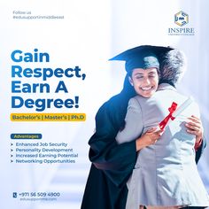 a woman hugging a man wearing a graduation cap and gown with the caption gain respect earn a degree