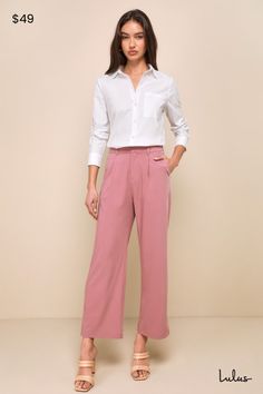 Create a luxe look in an instant with the Lulus Posh Mindset Mauve High-Waisted Wide-Leg Trouser Pants! Sleek woven fabric shapes these style-forward pants that have a high-waisted silhouette (with elastic at the back for best fit), belt loops, a hidden zip-fly, and double-clasp top closures. Relaxed, wide pant legs with side seam pockets end at ankle-length hems. Fit: This garment fits true to size. Length: Ankle length. Size medium Inseam: 28.00 Front Rise: 12.75 Waist: Fitted - elastic waist Mauve Pants Outfit, Pink Trousers Outfit Casual, Light Pink Pants Outfit, Pink Trousers Outfit, Pink Pants Outfit, Light Pink Pants, High Waisted Pants Outfit, Trouser Outfit, Pink Trousers