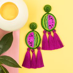 Watermelon earrings. Statement Earrings. Earrings beads. Fruit Earrings.  Aretes sandía. Beads Fruit, Watermelon Earrings, Earrings Beads, Fruit Earrings, Dream Catcher, Watermelon