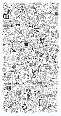 a drawing of many different things in the shape of a large square, black and white image